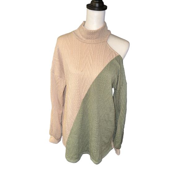 BIBI Open Shoulder Long Sleeve Top Green Tan Medium - Picture 1 of 3